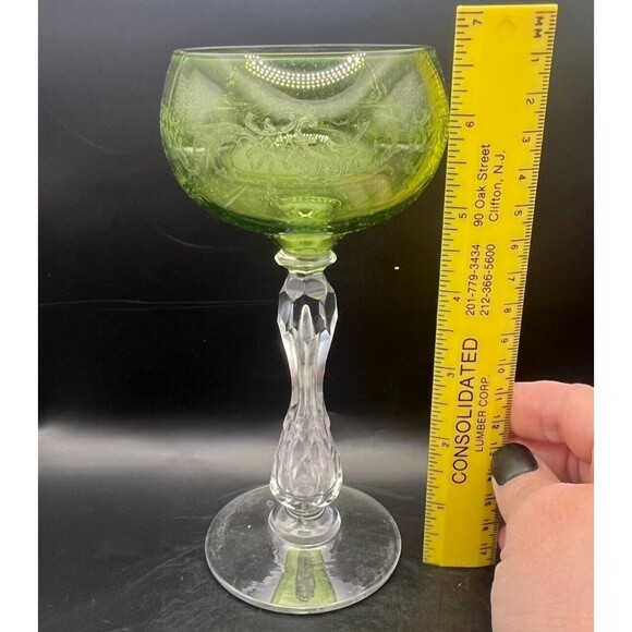 Antique Villeroy & Boch Hock Wine Glass Floral Scrollwork Green Clear Cut Stem - Picture 12 of 15